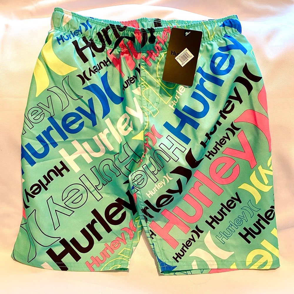 Hurley Swim Trunks - Aurora Green Logo Print (Boys Medium)